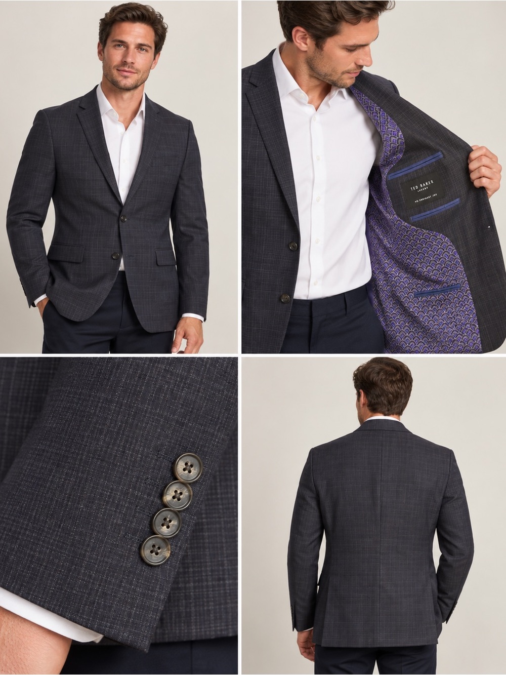 Ted Baker London Jake CT 100% Wool Blazer Size 44R Charcoal Check Purple Lining
